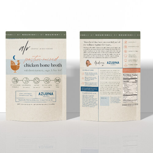 Azuluna Foods Bone Broth Package front and back in a staged photo on a white background