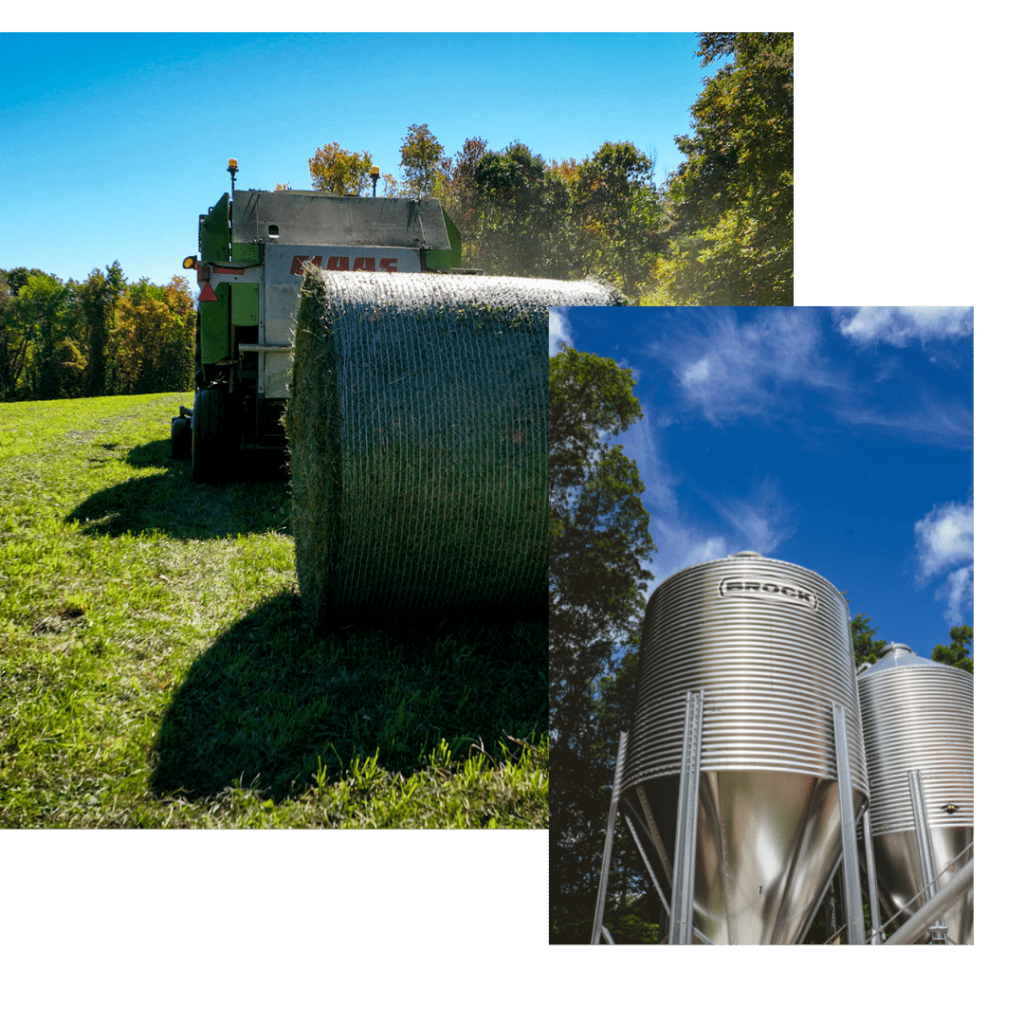 Two photos, one on top of the other. The top left photo is of a piece of machinery baling hay. The bottom right photo is of grain silos.