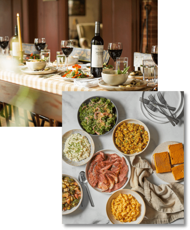 Two photos, one on top of the other. The top left photo contains a farm to table dinner set up on a long wooden table with a brown and plaid tablecloth. The bottom right photo contains a food spread in a staged photo on marble counters