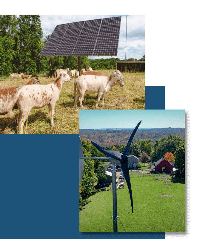 Two photos, one on top of the other. The top left photo is of goats in front of solar panels. The bottom right photo is of wind turbines on the Azuluna Farms property.